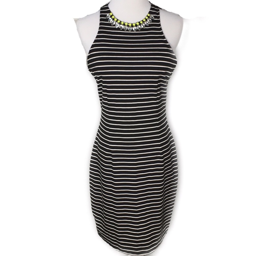 HeartSoul Sleeveless Racerback High Neckline Embellished Black Stripe Dress